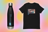 A water bottle and a t-shirt with quotes on them overlaid onto a colorful background.