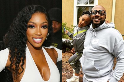 A side-by-side of Porsha Williams next to an Instagram photo of Dennis McKinley holding their daughter Pilar