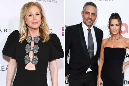 A split of Kathy Hilton wearing a black dress with bows down the middle and Mauricio Umansky and Kyle Richards posing on the red carpet.