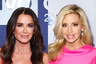 A split of Kyle Richards and Camille Grammer in front of step and repeats.