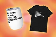 A t-shirt and tumbler with quotes on them overlaid onto a colorful background.