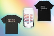 Two Black tee shirts and a glass with funny quotes on a blue yellow and pink background