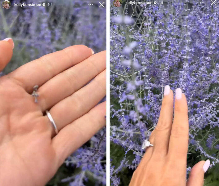 Kelly showing her engagement ring amongst a lavender field.