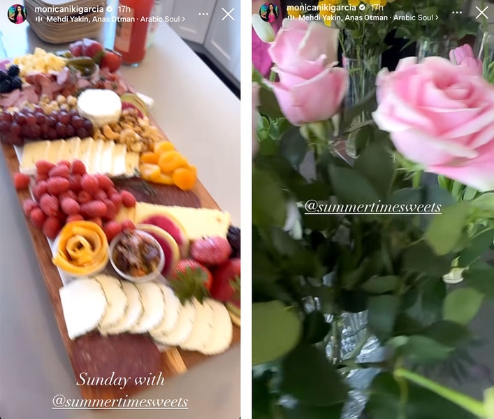 Split of a charcuterie board and pink roses