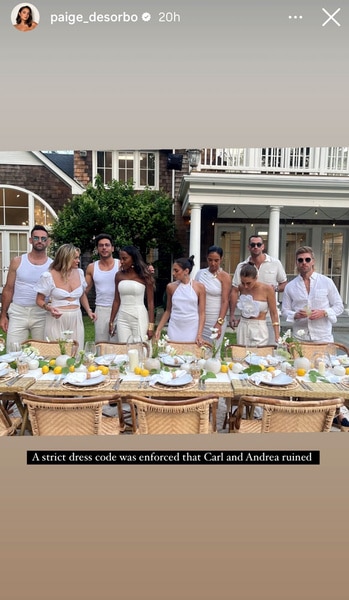 The cast of Summer House at an Italian Inspired dinner wearing all white