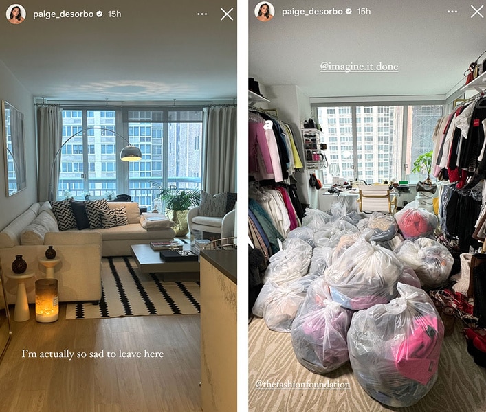 A series of Paige Desorbo's apartment and bags of clothes as she prepares to move out