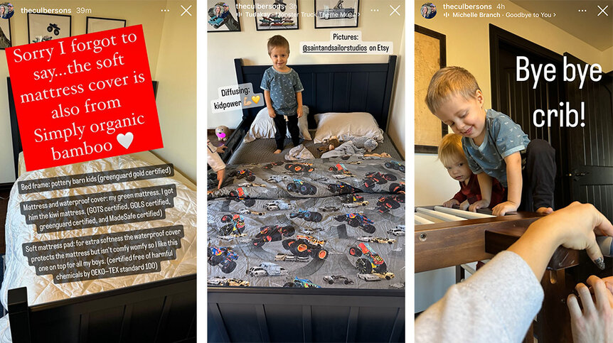 A split featuring Briana Culberson's son's new bedding on her Instagram story.