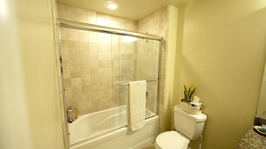Kristen Doute's bathroom with a step in tub and toilet.