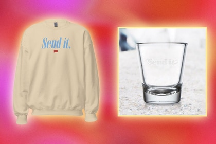 A sweatshirt and a shot glass with quotes on them overlaid onto a colorful background.
