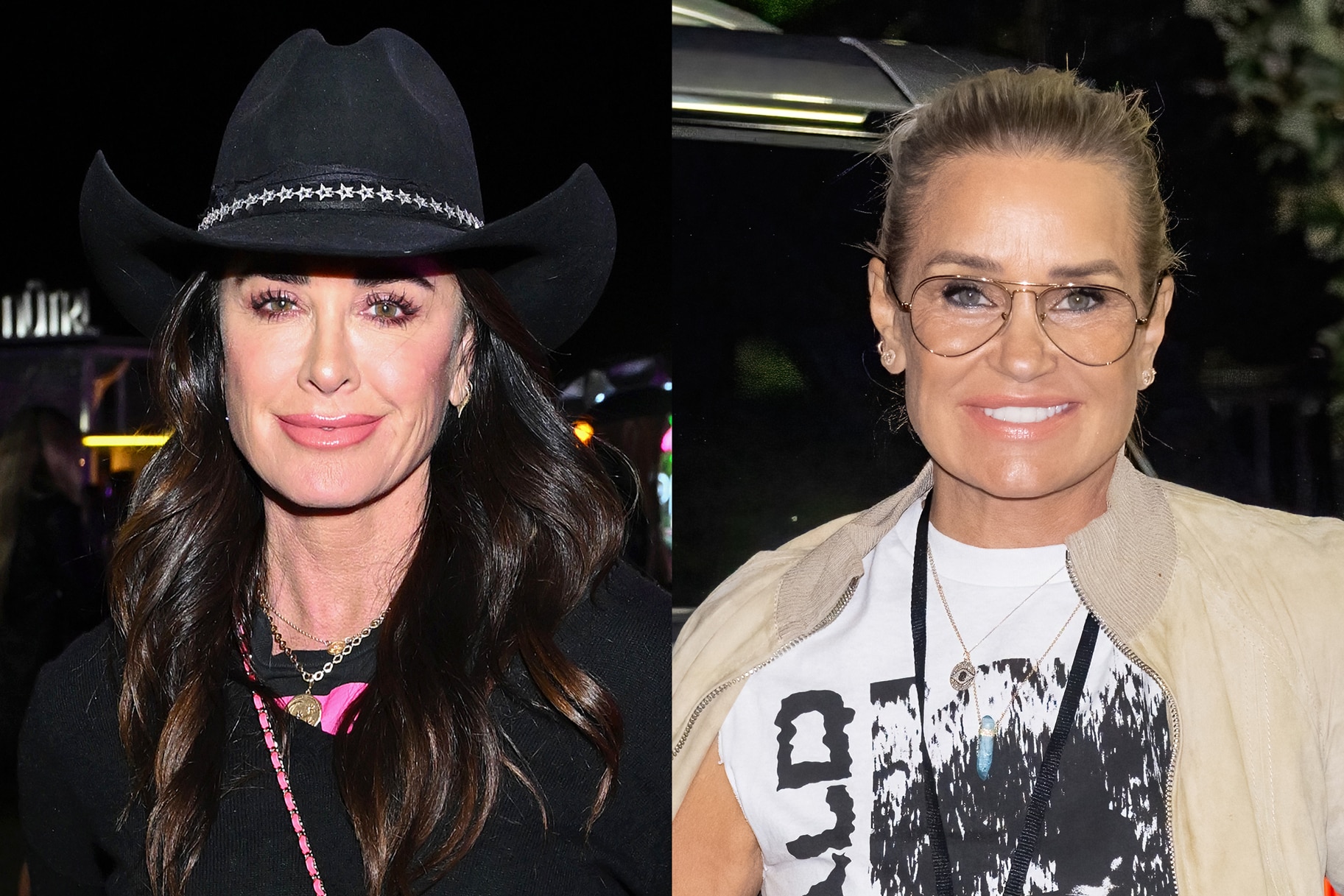 Split of Kyle Richards wearing a cowboy hat and Yolanda Hadid wearing a print tee.