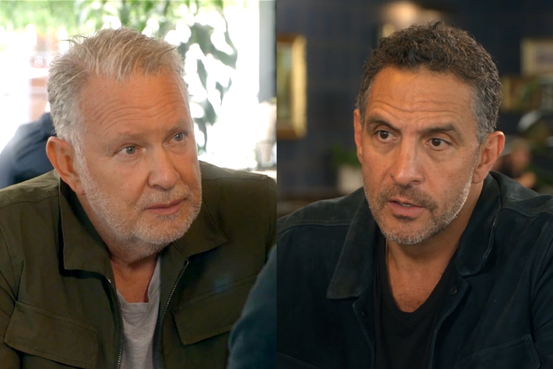 Split of Paul Kemsley and Mauricio Umansky having a conversation together in a restaurant