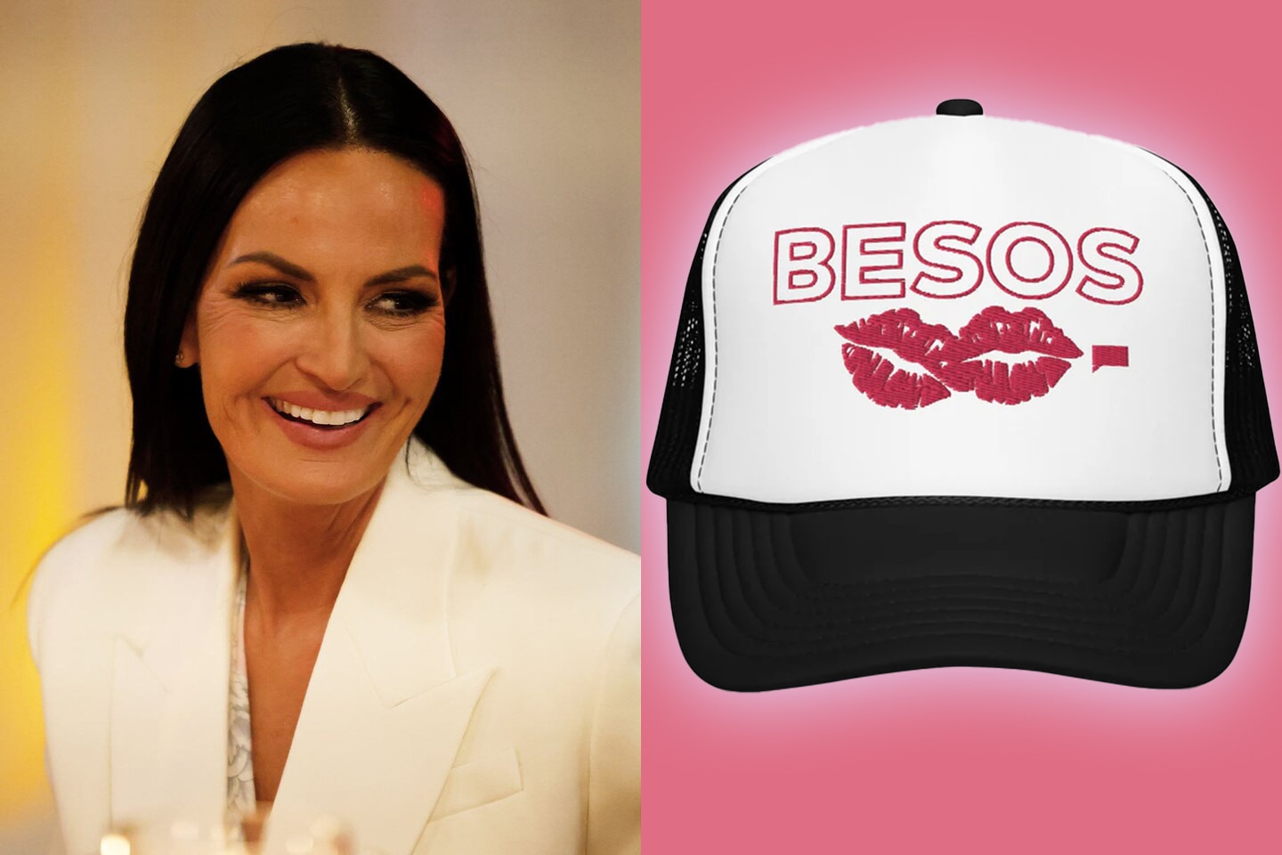 A split of Lisa Barlow and a Besos trucker hat