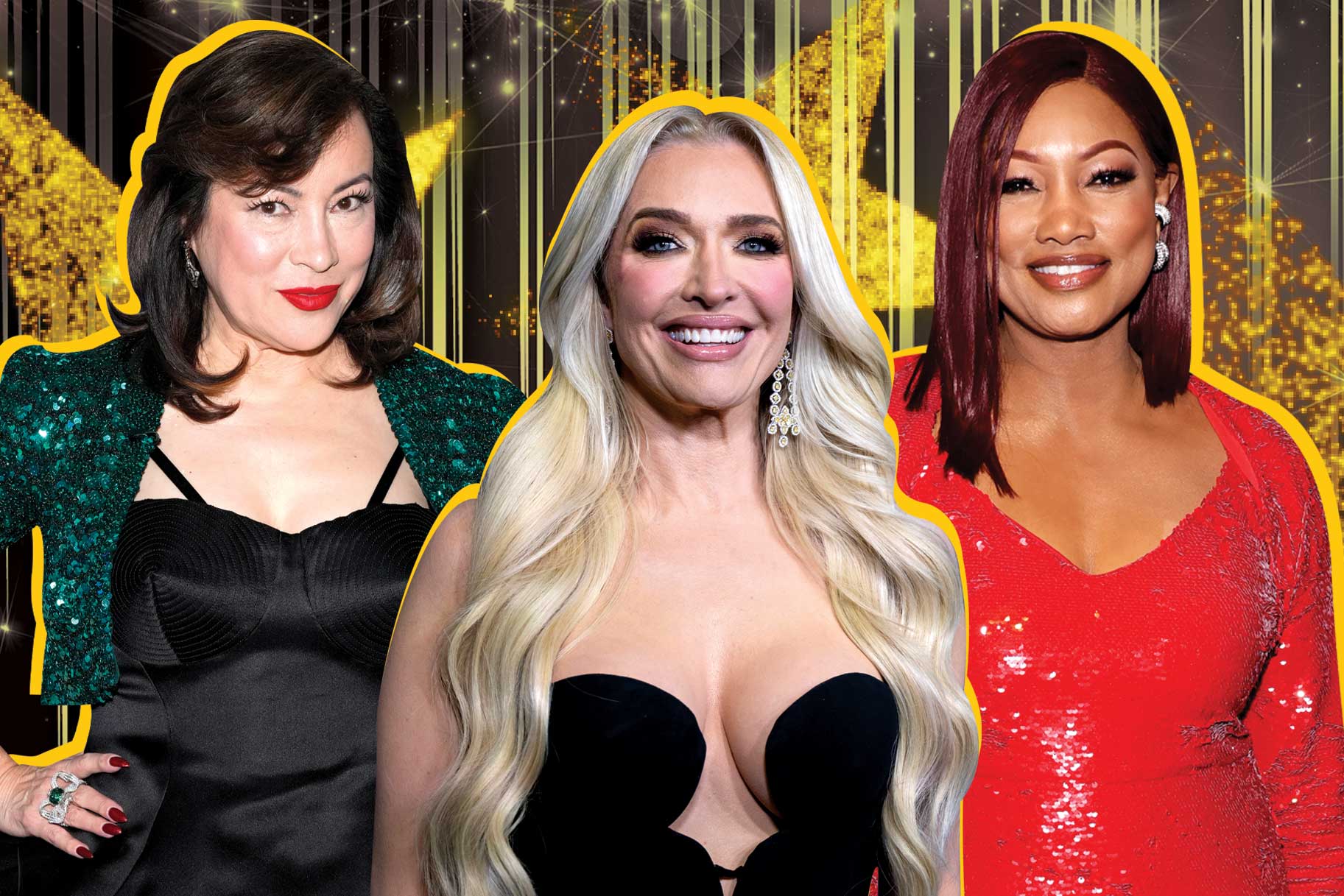 Jennifer Tilly, Erika Jayne and Garcelle Beauvais on a black and gold star background