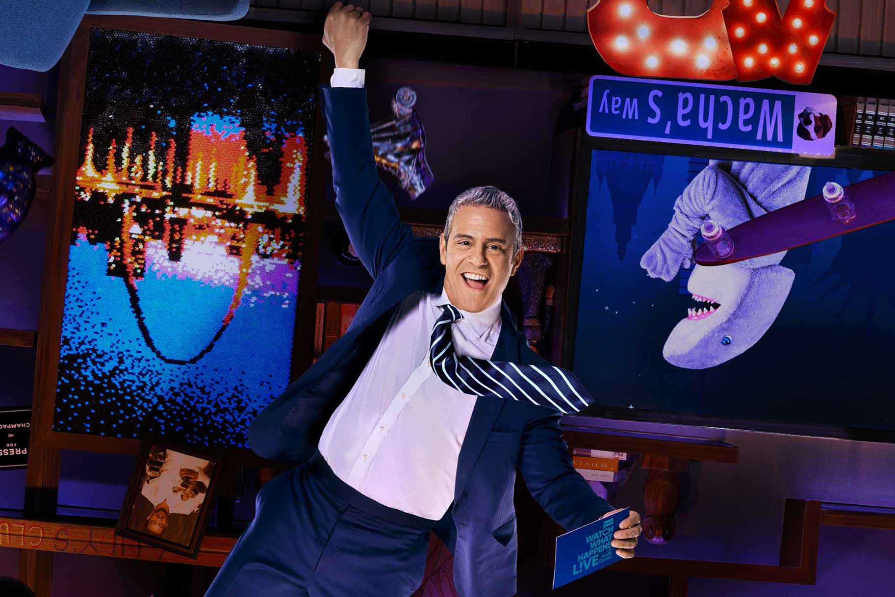 Andy Cohen in an upside-down clubhouse on Watch What Happens Live Season 22