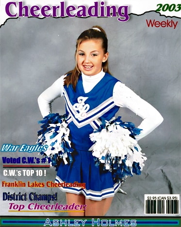 Ashlee Holmes as a child in a blue and white cheerleading uniform on a fake magazine cover