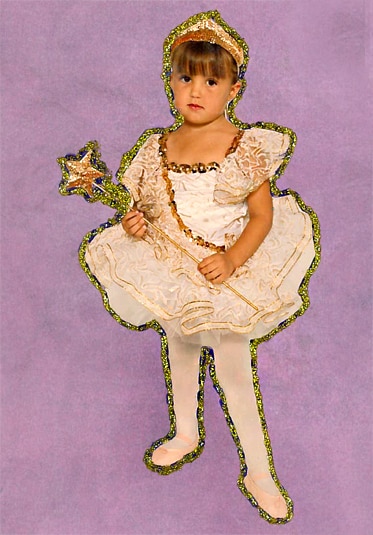 A cut out image of Ashlee Holmes in a ballet dress holding a wand on a purple background