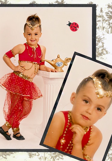 A collage of Ashlee Holmes from RHONJ as a child wearing a red genie costume
