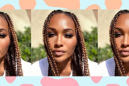 Three repeating images of Cynthia Bailey with braided hair