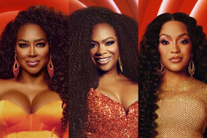 Split image of Kenya Moore, Kandi Burruss, and Drew Sidora