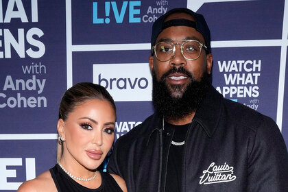 Larsa Pippen and Marcus Jordan in front of a step and repeat at the Watch What Happens Live clubhouse in New York City.