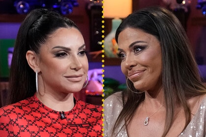 A split image of Jennifer Aydin and Dolores Catania on Watch What Happens Live