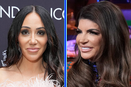 A split of Melissa Gorga on the red carpet and Teresa Giudice on Watch What Happens Live