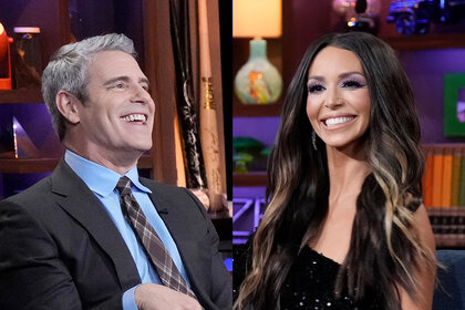 A split image of Andy Cohen and Scheana Shay on Watch What Happens Live