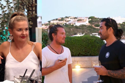 Split image of Daisy Kelliher, and Gary King talking to Colin Macrae while filming Below Deck Sailing Yacht.