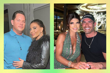 Split image of Dolores Catania with Paul Connell and Teresa Giudice with Louie Ruelas