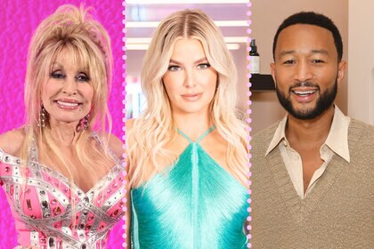 A split screen image of Dolly Parton, Ariana Madix, and John Legend