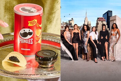 A split of Pringles with caviar and the RHONY cast in formal looks on a rooftop with the New York City skyline.