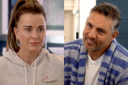 Split of Kyle Richards and her husband Mauricio Umansky having a conversation together.