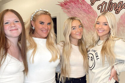 Heather Gay and her daughters wearing white tops and white dresses together.