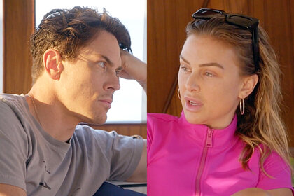 A split of Tom Sandoval and Lala Kent talking.