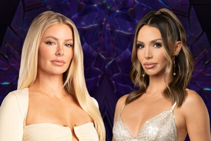 Split image of Ariana Madix and Scheana Shay in front of a purple backdrop.