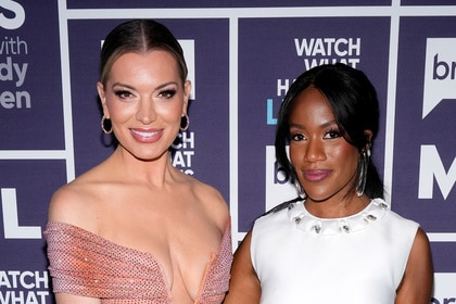 Lindsay Hubbard and Gabby Prescod smile on Watch What Happens Live With Andy Cohen Episode 21073.