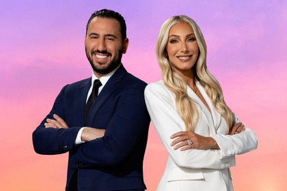 Josh Altman and Heather Altman in front of a purple and pink background.