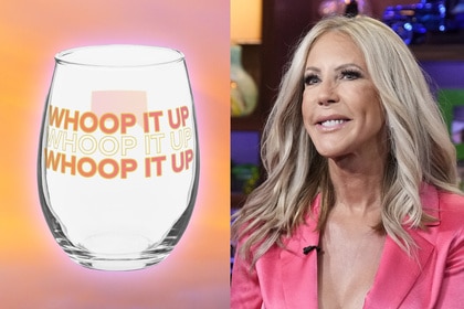 Split of A stemless wine glass in front of orange and purple pastel background and Vicki Gunvalson