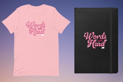 A pink tee shirt and a black journal on a fading blue to pink background that read, "Words are Hard"