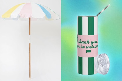 A split of a beach umbrella and a tumbler with a quote on it overlaid onto a colorful background.