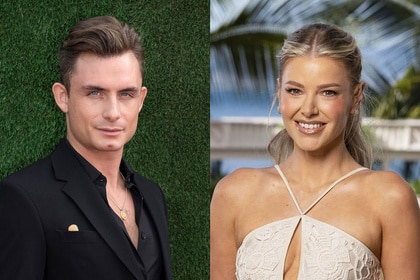 Split of James Kennedy in front of a creen shrub backdrop and Ariana Madix as host of Love Island