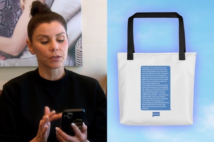 A split of Heather Dubrow and a white tote bag with a long text bubble on a blue sky background.