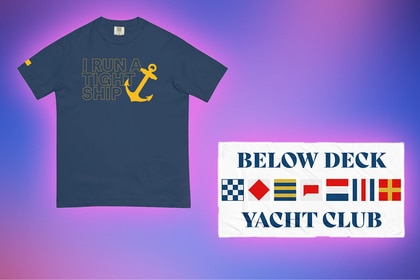 A Below Deck Tee shirt and a Beach Towel on a blue and pink background
