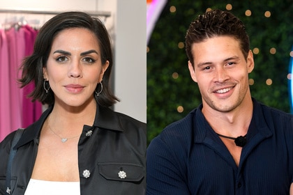 Split of Katie Maloney at a shopping event and Connor Newsum on Love Island USA