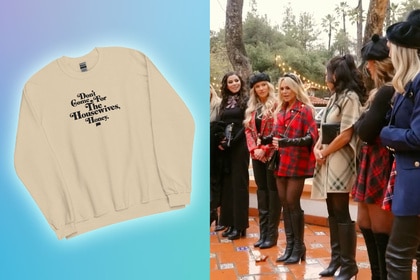 A split of a sweatshirt overlaid onto a colorful background and the Real Housewives of Orange County cast.