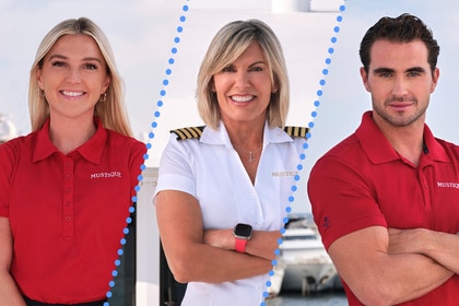 Split of Carrie Oneill, Captain Sandy, and Joe Bradley in their yachting uniforms for Below Deck Mediterranean Season 9