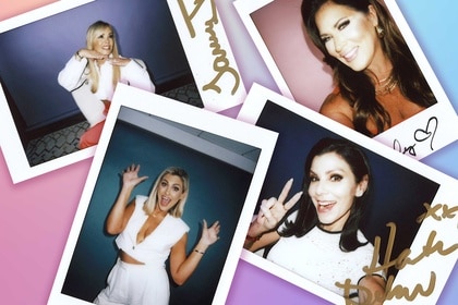 Four signed Polaroid photographs of Tamra Judge, Gina Kirschenheiter, Heather Dubrow and Emily Simpon on a purple gradient background