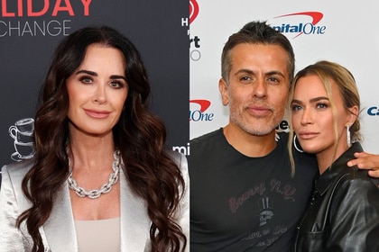 A split of Kyle Richards, Teddi Mellencamp, and Edwin Arroyave.