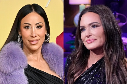 Split of Angie Katsanevas wearing a purple fur and Meredith Marks at WWHL