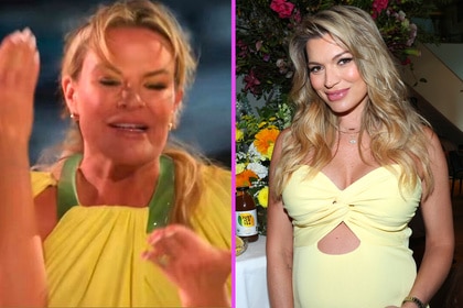 A split of Heather Gay on the beach and Lindsay Hubbard wearing a yellow dress at a party